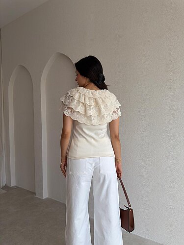 FLEURA Dantel Detaylı Bluz 9436 - Krem Rengi - 4