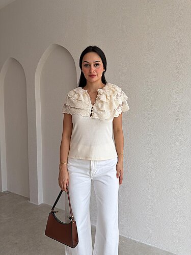 FLEURA Dantel Detaylı Bluz 9436 - Krem Rengi - 3
