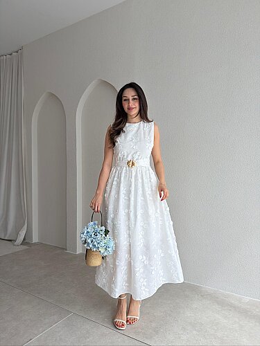 FORBES Çiçek Desenli Midi Elbise 9006 - Beyaz 