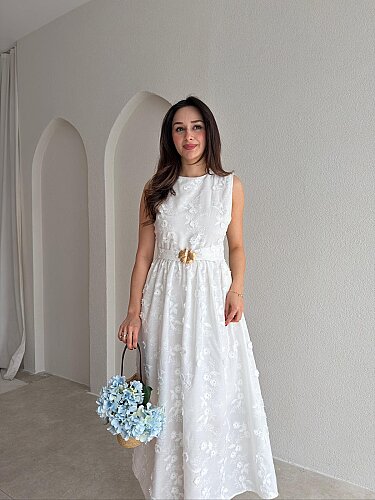 FORBES Çiçek Desenli Midi Elbise 9006 - Beyaz - 2