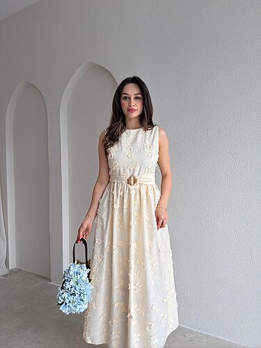 FORBES Çiçek Desenli Midi Elbise 9006 - Krem - 2