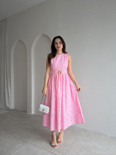 FORBES Çiçek Desenli Midi Elbise 9006 - Pembe 