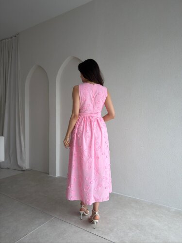 FORBES Çiçek Desenli Midi Elbise 9006 - Pembe - 3