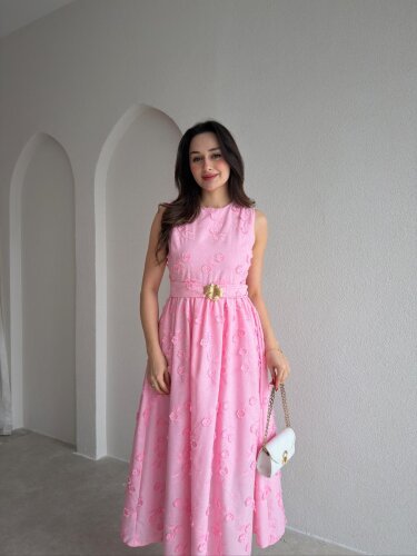 FORBES Çiçek Desenli Midi Elbise 9006 - Pembe - 2