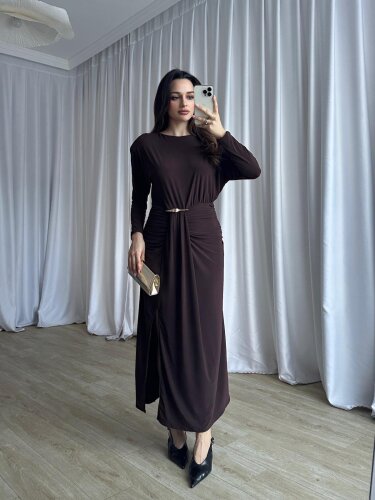 FRAPPE Midi Elbise 8711 - Acı Kahve - 3