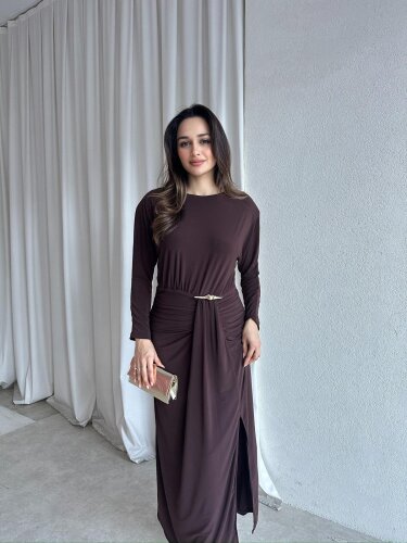 FRAPPE Midi Elbise 8711 - Acı Kahve - 2
