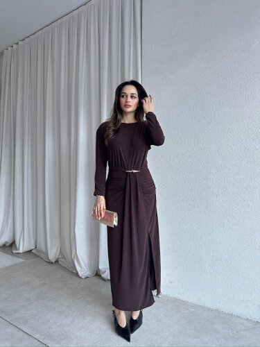 FRAPPE Midi Elbise 8711 - Acı Kahve 