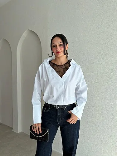 GATE Dantel Detaylı Gömlek 4227 - Beyaz - Mooi Butik