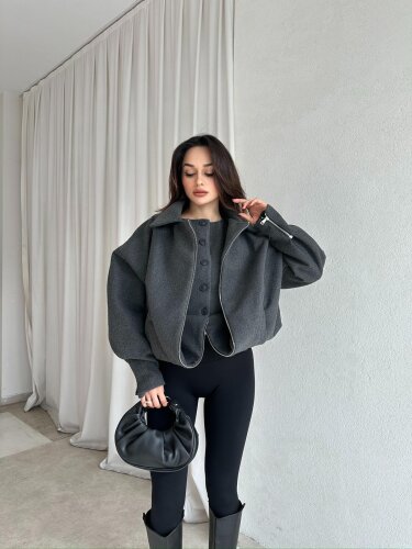 GİGİS Kaşe Crop Ceket 8698 - Füme