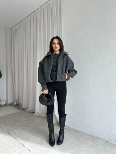 GİGİS Kaşe Crop Ceket 8698 - Füme · 3
