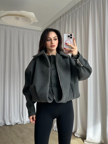 GİGİS Kaşe Crop Ceket 8698 - Füme · 2