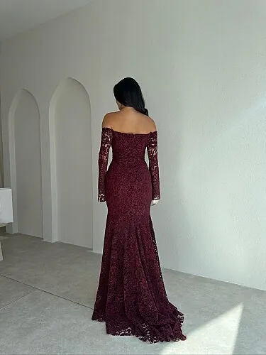 GİSELLA Dantelli Maxi Elbise 8676 - Bordo - 3