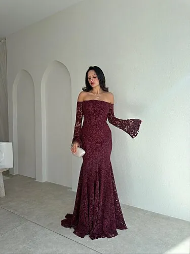 GİSELLA Dantelli Maxi Elbise 8676 - Bordo - 1
