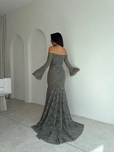 GİSELLA Dantelli Maxi Elbise 8676 - Haki - 3