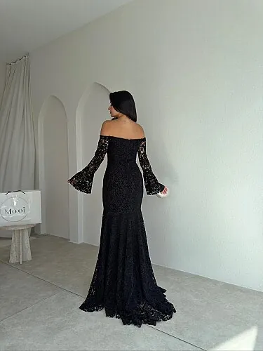 GİSELLA Dantelli Maxi Elbise 8676 - Siyah - 3