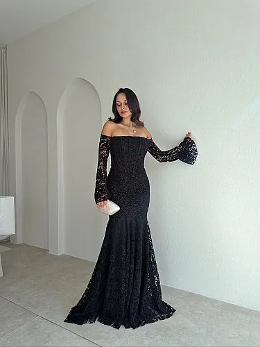 GİSELLA Dantelli Maxi Elbise 8676 - Siyah - Mooi Butik