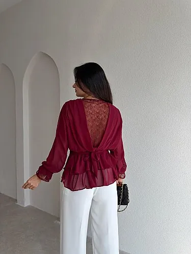 GİVE Dantel Detaylı Bluz 4165 - Bordo - 2