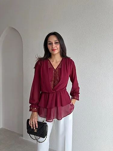GİVE Dantel Detaylı Bluz 4165 - Bordo - Mooi Butik