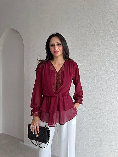 GİVE Dantel Detaylı Bluz 4165 - Bordo - 1