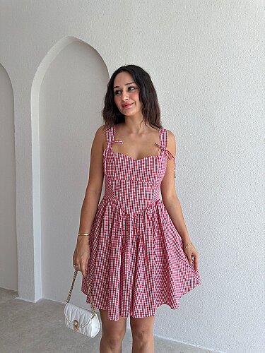 GLENN Ekoseli Mini Elbise 6495 - Kırmızı - 1