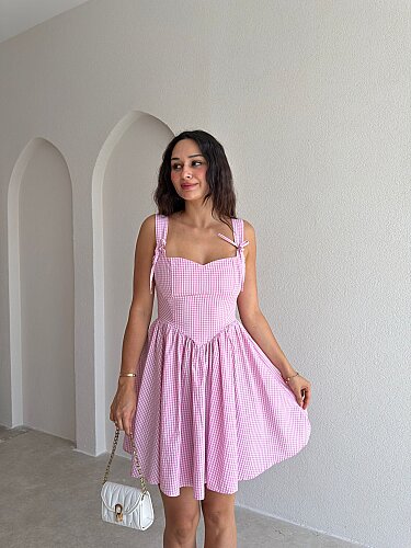 GLENN Ekoseli Mini Elbise 6495 - Pembe - 1
