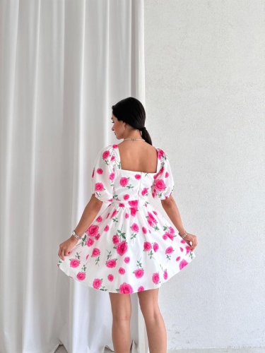 Gül Desenli Mini MİRROR Elbise 5739 - Fuşya - 3