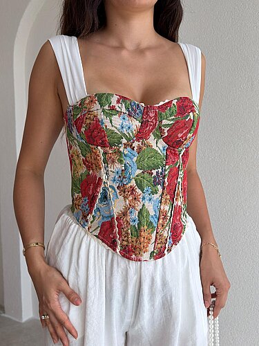 GWEN Desenli Korse Bluz - 3728 - Kırmızı - 3