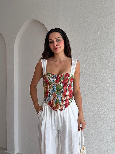 GWEN Desenli Korse Bluz - 3728 - Kırmızı - Mooi Butik