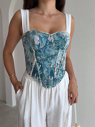 GWEN Desenli Korse Bluz - 3728 - Mavi - 2