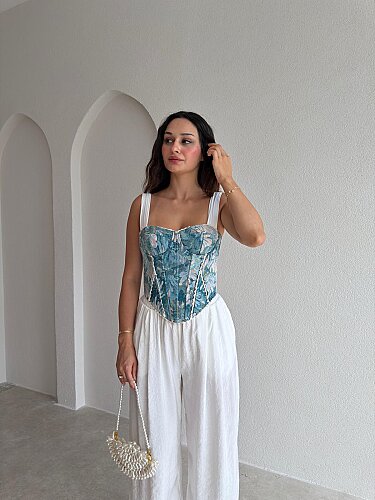 GWEN Desenli Korse Bluz - 3728 - Mavi - Mooi Butik