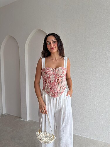 GWEN Desenli Korse Bluz - 3728 - Pudra - 1