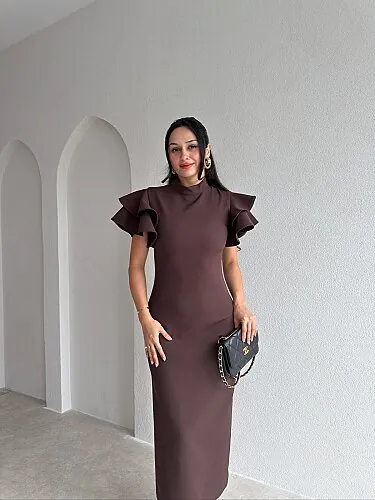 HANNAH Volanlı Midi Elbise 4306 - Acı Kahve - 2