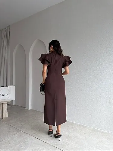 HANNAH Volanlı Midi Elbise 4306 - Acı Kahve - 3