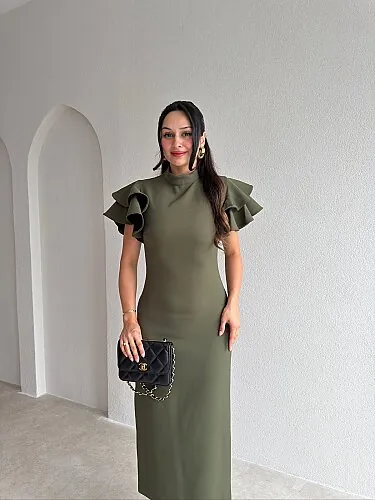 HANNAH Volanlı Midi Elbise 4306 - Haki - 2