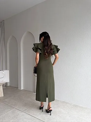 HANNAH Volanlı Midi Elbise 4306 - Haki - 3