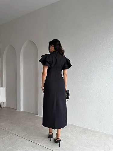  HANNAH Volanlı Midi Elbise 4306 - Siyah - 3