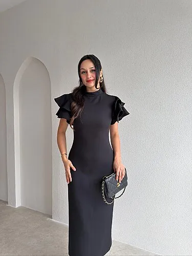  HANNAH Volanlı Midi Elbise 4306 - Siyah - 2