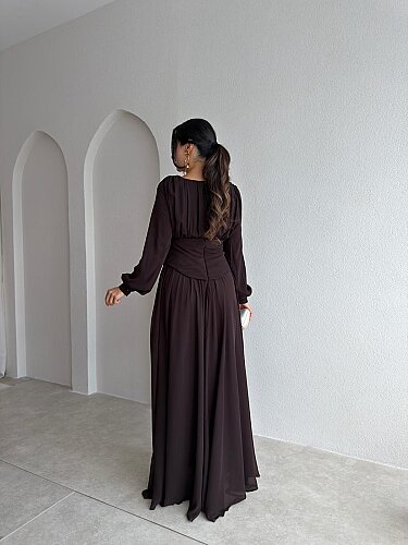 HARVEY Korse Detaylı Maxi Elbise 4187 - Acı Kahve - 3