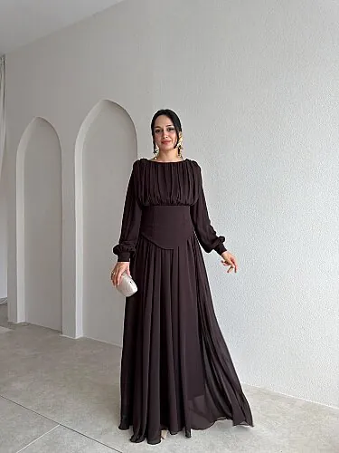 HARVEY Korse Detaylı Maxi Elbise 4187 - Acı Kahve - Mooi Butik