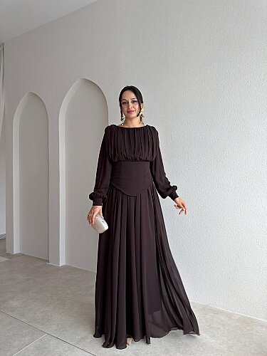 HARVEY Korse Detaylı Maxi Elbise 4187 - Acı Kahve - 1
