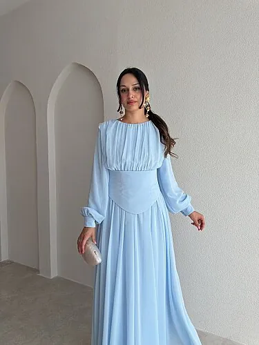 HARVEY Korse Detaylı Maxi Elbise 4187 - Bebe Mavisi - 2