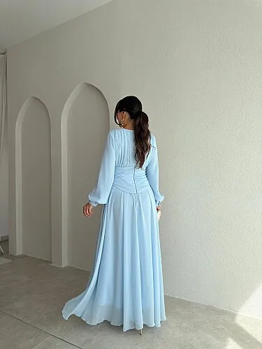 HARVEY Korse Detaylı Maxi Elbise 4187 - Bebe Mavisi - 3