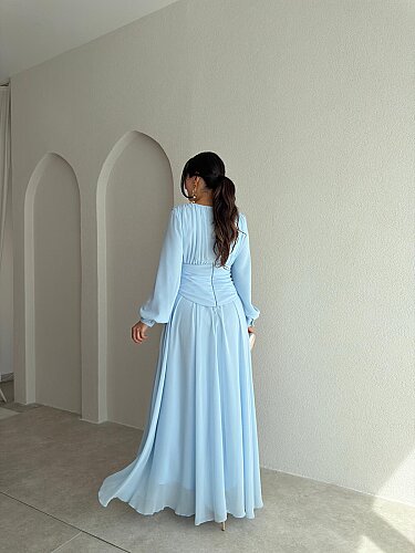 HARVEY Korse Detaylı Maxi Elbise 4187 - Bebe Mavisi - 3