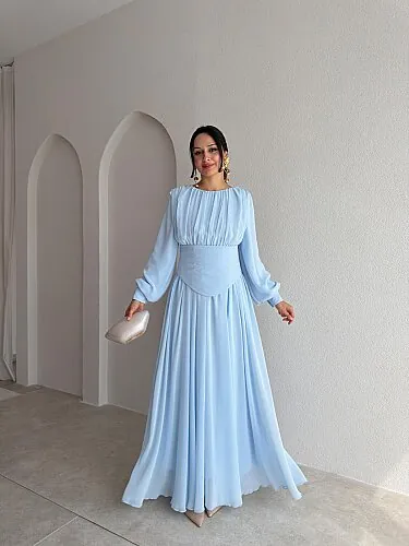 HARVEY Korse Detaylı Maxi Elbise 4187 - Bebe Mavisi 