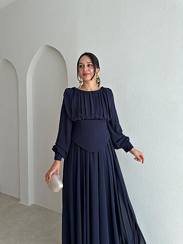 HARVEY Korse Detaylı Maxi Elbise 4187 - Lacivert - 2