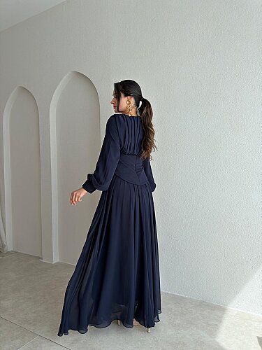 HARVEY Korse Detaylı Maxi Elbise 4187 - Lacivert - 3