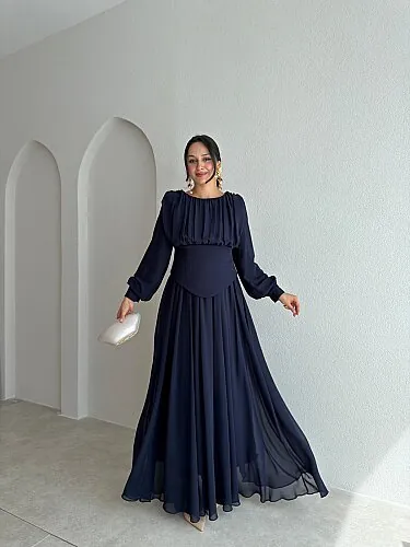HARVEY Korse Detaylı Maxi Elbise 4187 - Lacivert - Mooi Butik