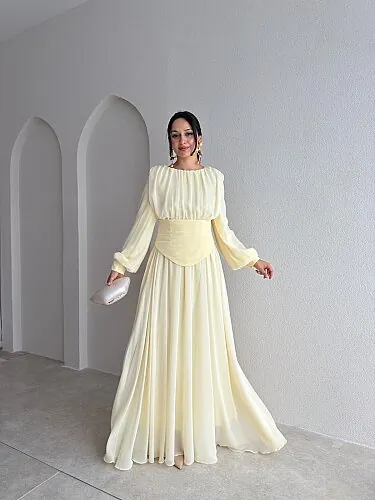 HARVEY Korse Detaylı Maxi Elbise 4187 - Sarı - Mooi Butik
