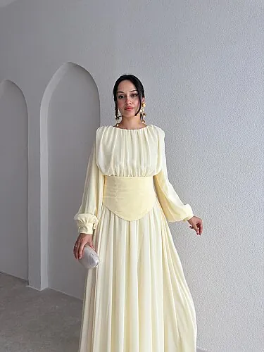 HARVEY Korse Detaylı Maxi Elbise 4187 - Sarı - 2