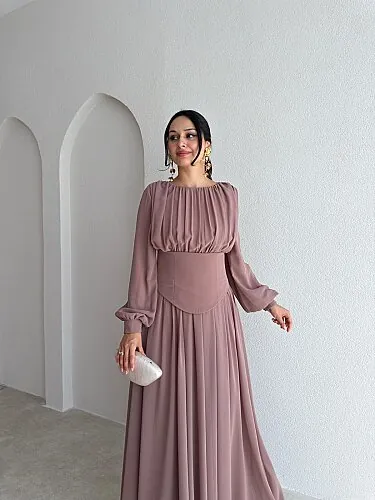 HARVEY Korse Detaylı Maxi Elbise 4187 - Vizon - 2